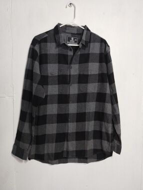Thunder Black and Gray Plaid Casual Button-Down Shirt (XL)